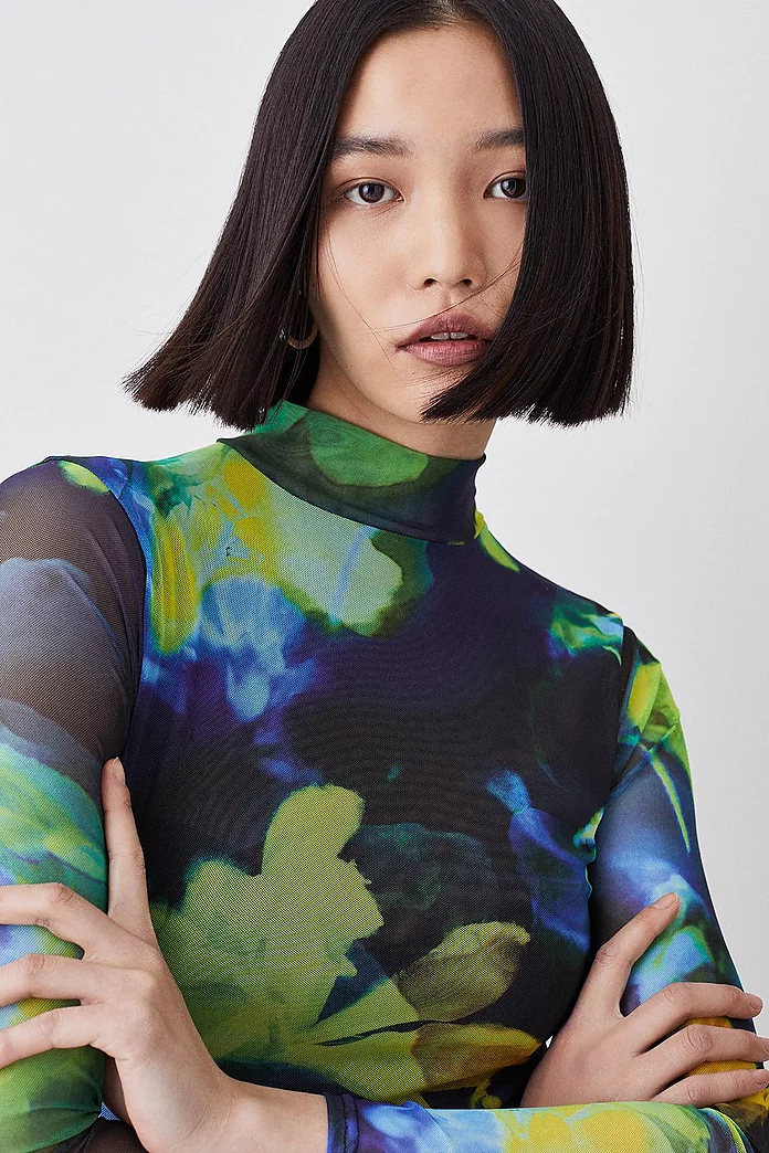 Floral Print Long Sleeve Funnel Neck Mesh Top | Karen Millen Floral Print Long Sleeve Funnel Neck Mesh Top | Karen Millen