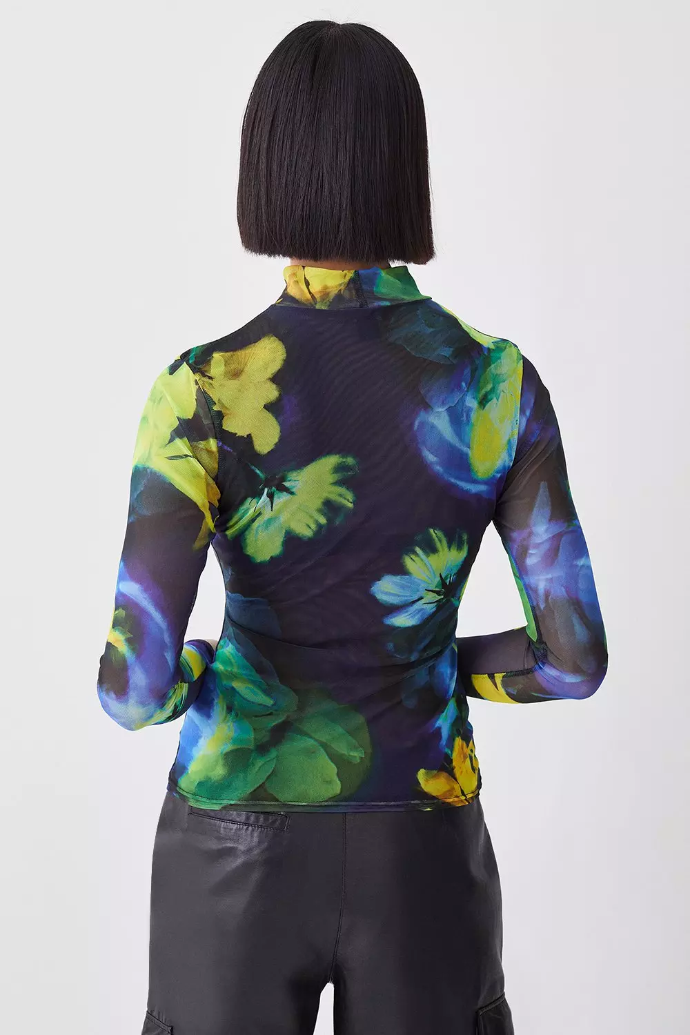 Floral Print Long Sleeve Funnel Neck Mesh Top | Karen Millen