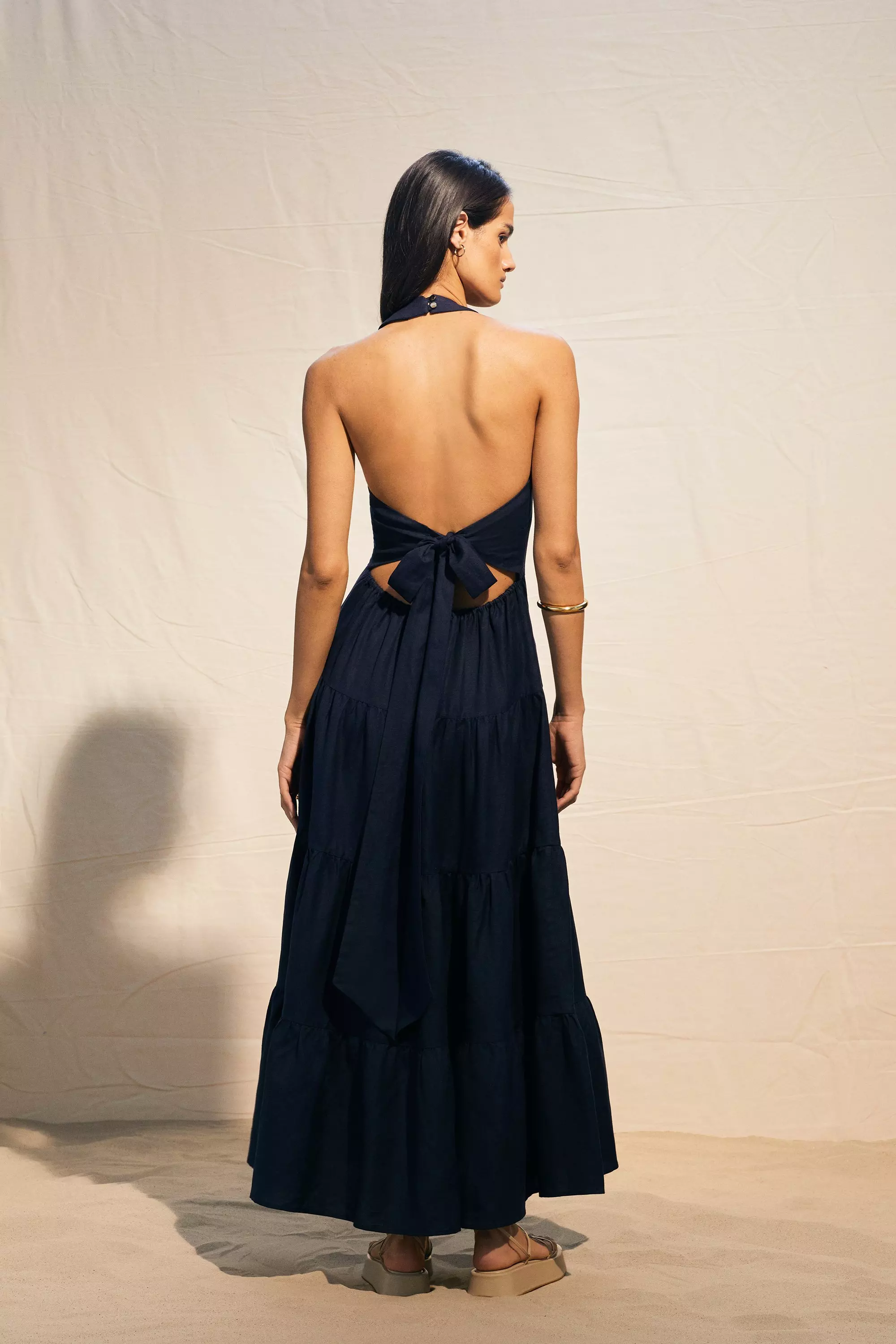 Viscose Linen Halterneck Tiered Woven Maxi Dress | Karen Millen
