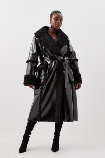 Black Plus Size Contrast Cuff And Collar Vinyl Belted Long Coat