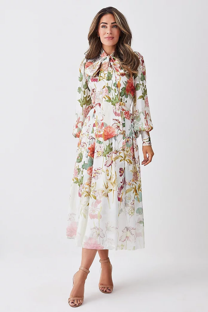 Lydia Millen Crinkle Chiffon Floral Pussybow Midi Dress Lydia Millen Crinkle Chiffon Floral Pussybow Midi Dress