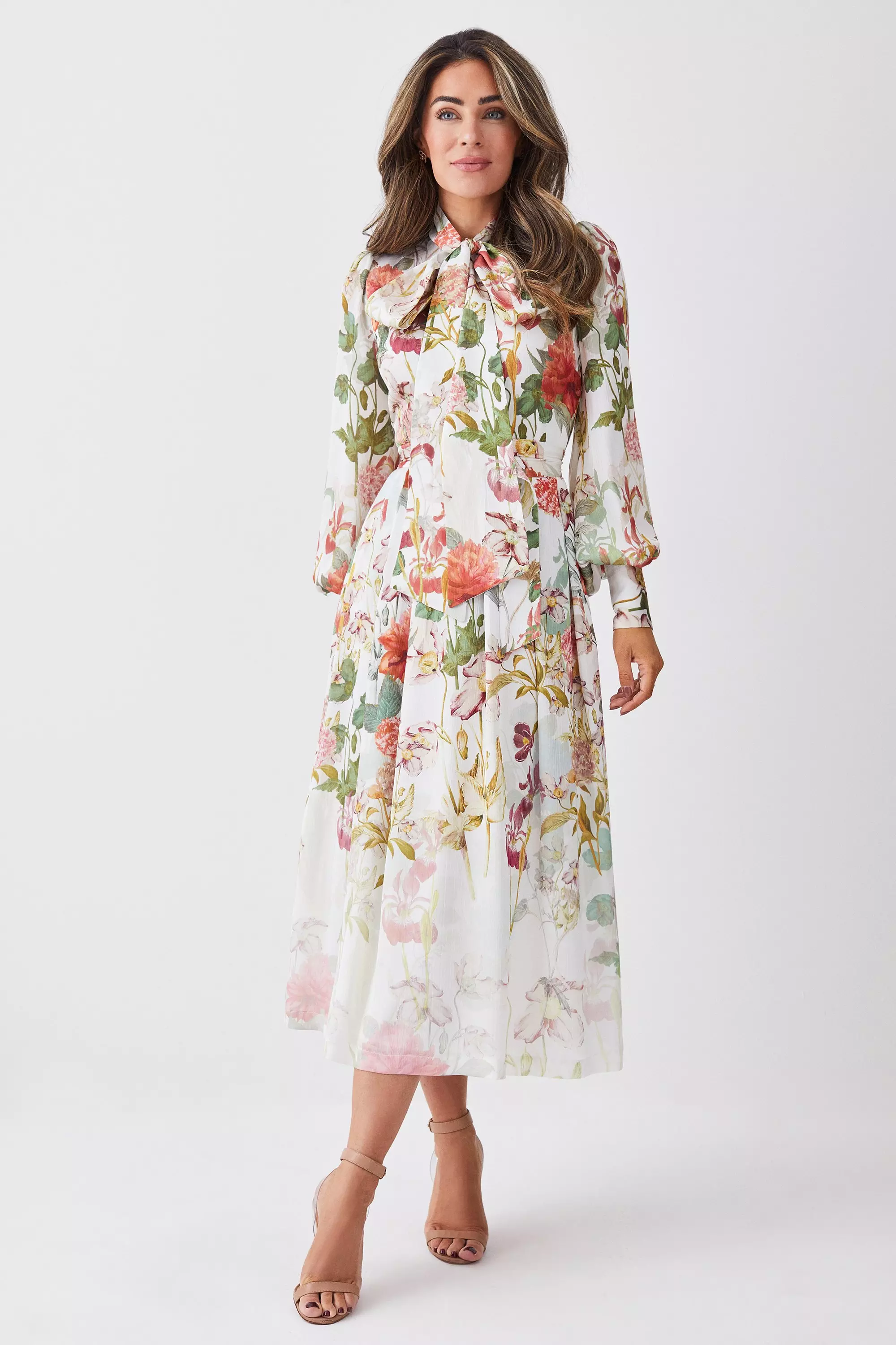 Lydia Millen Crinkle Chiffon Floral Pussybow Midi Dress