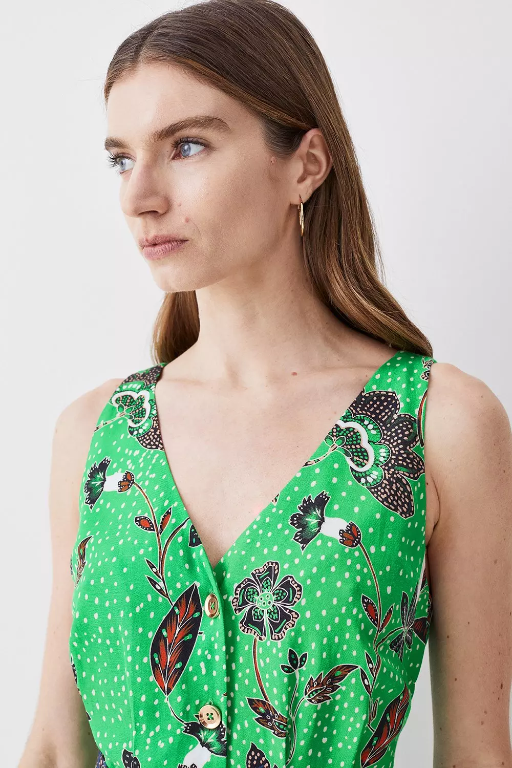 Batik Print Belted Premium Linen Viscose Woven Midi Dress