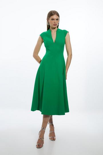 Green Structured Crepe Seam Detail High Neck Full Skirt Midi Dress