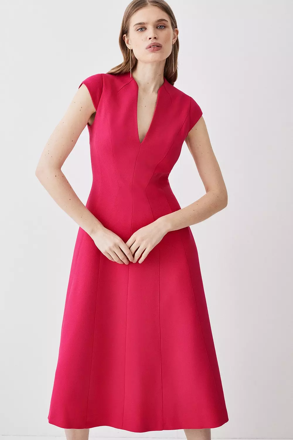 Structured Crepe Seam Detail High Neck Full Skirt Midi Dress Karen Millen
