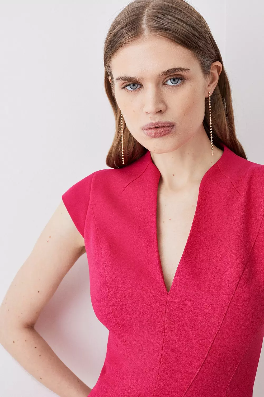 Structured Crepe Seam Detail High Neck Full Skirt Midi Dress