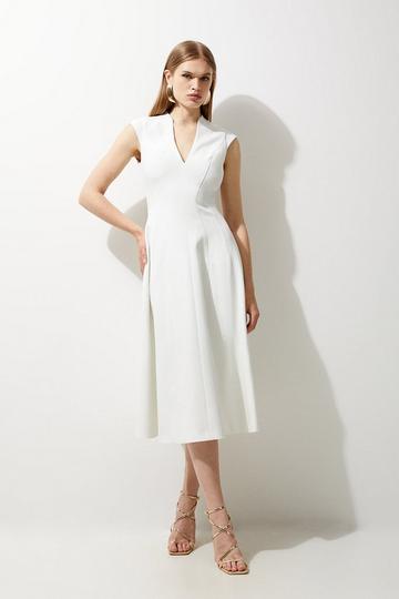 Structured Crepe Seam Detail High Neck Full Skirt Midi Dress ivory