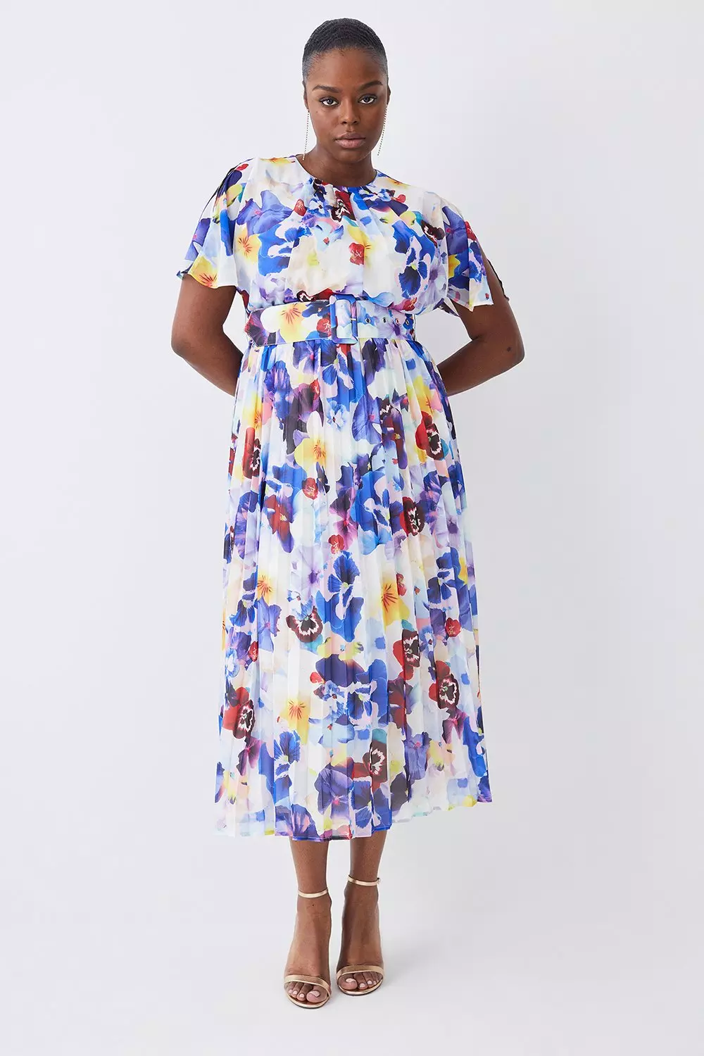 Plus Size Floral Georgette Pleated Belted Woven Midi Dress alternative image