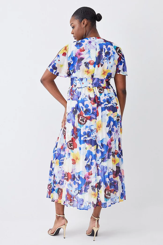 Plus Size Floral Georgette Pleated Belted Woven Midi Dress Plus Size Floral Georgette Pleated Belted Woven Midi Dress