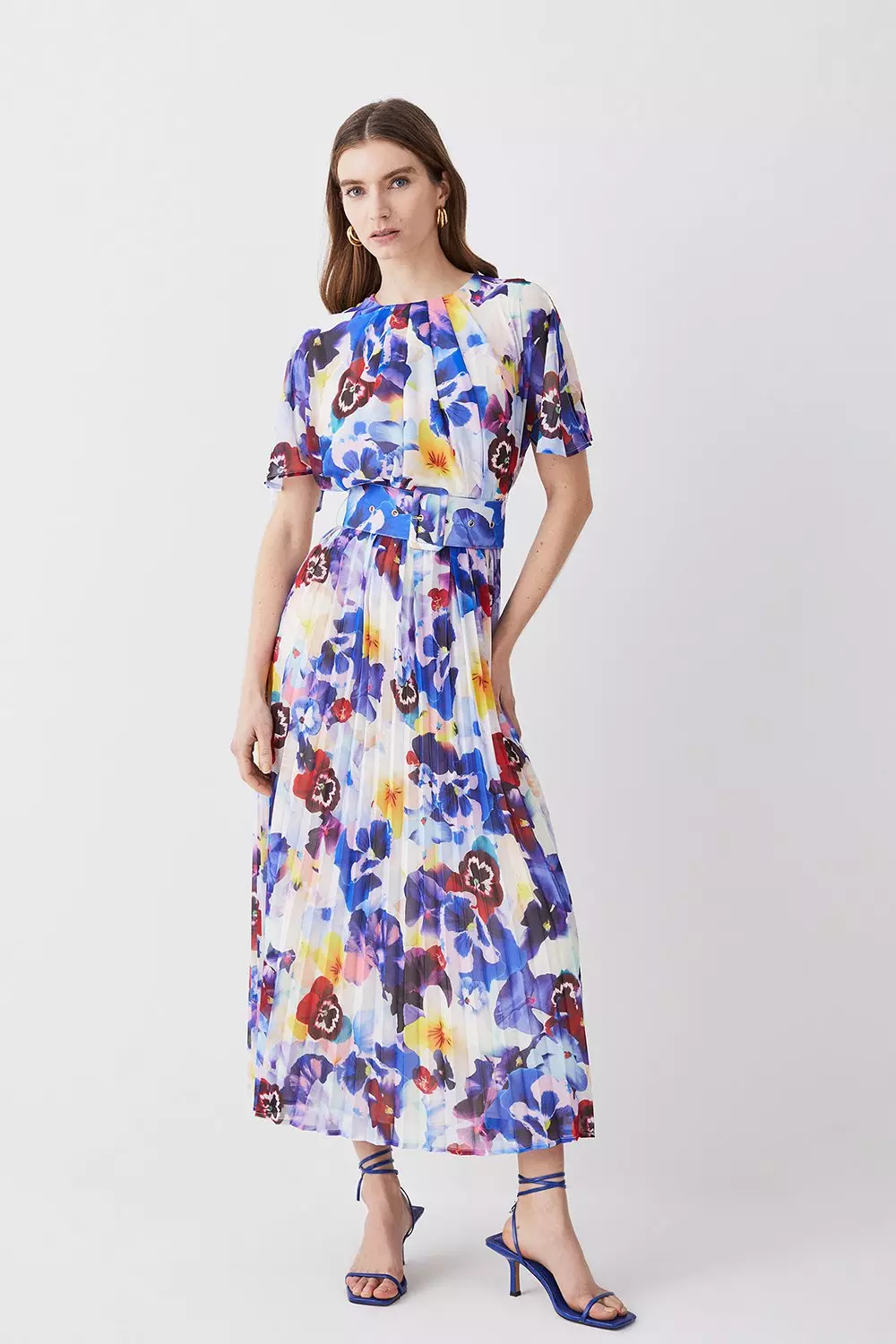 Floral Georgette Pleated Belted Woven Midi Dress Karen Millen