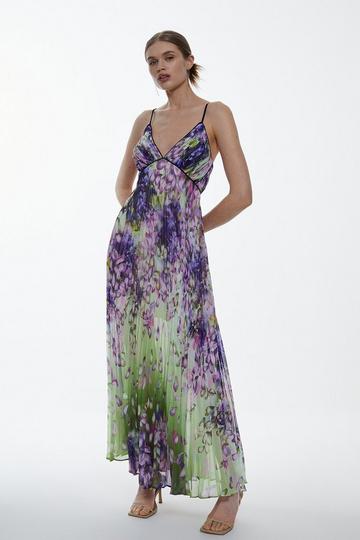Cascading Floral Strappy Pleated Maxi Dress floral