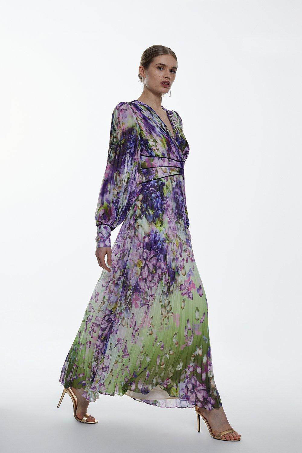 Cascading Floral Pleated Woven Maxi Dress Karen Millen