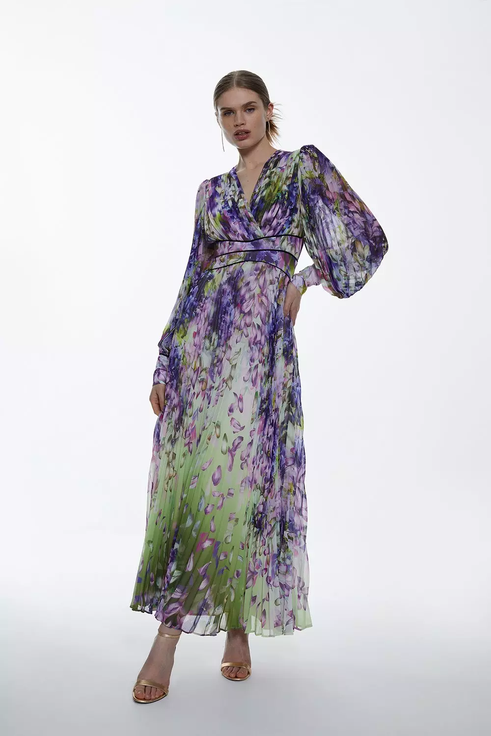 KAREN MILLEN 花モチーフ Vネック ドレス スカート ロング KAREN MILLEN ロングドレス ワンピース Vネック 長袖 花柄