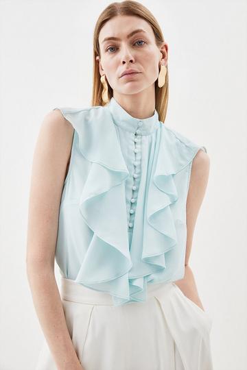 Georgette Ruffle High Neck Woven Blouse pale blue