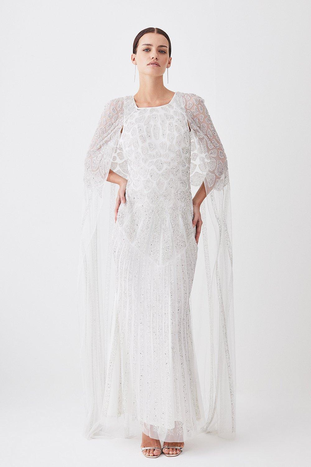 Petite Premium Embellished Caped Woven Maxi Dress | Karen Millen