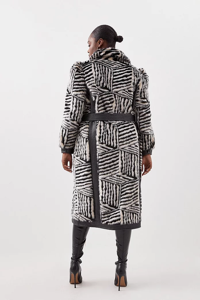 Plus Size Faux Fur Pu Panelled Stripe Belted Coat | Karen Millen Plus Size Faux Fur Pu Panelled Stripe Belted Coat | Karen Millen