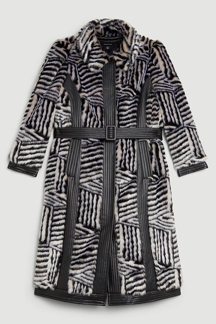 Plus Size Faux Fur Pu Panelled Stripe Belted Coat | Karen Millen Plus Size Faux Fur Pu Panelled Stripe Belted Coat | Karen Millen