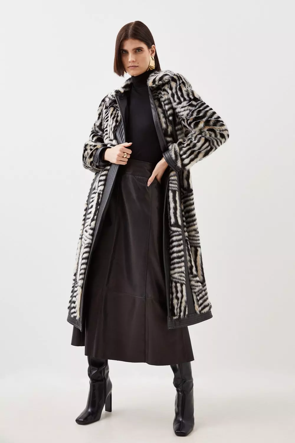 Faux Fur Pu Panelled Stripe Belted Coat | Karen Millen