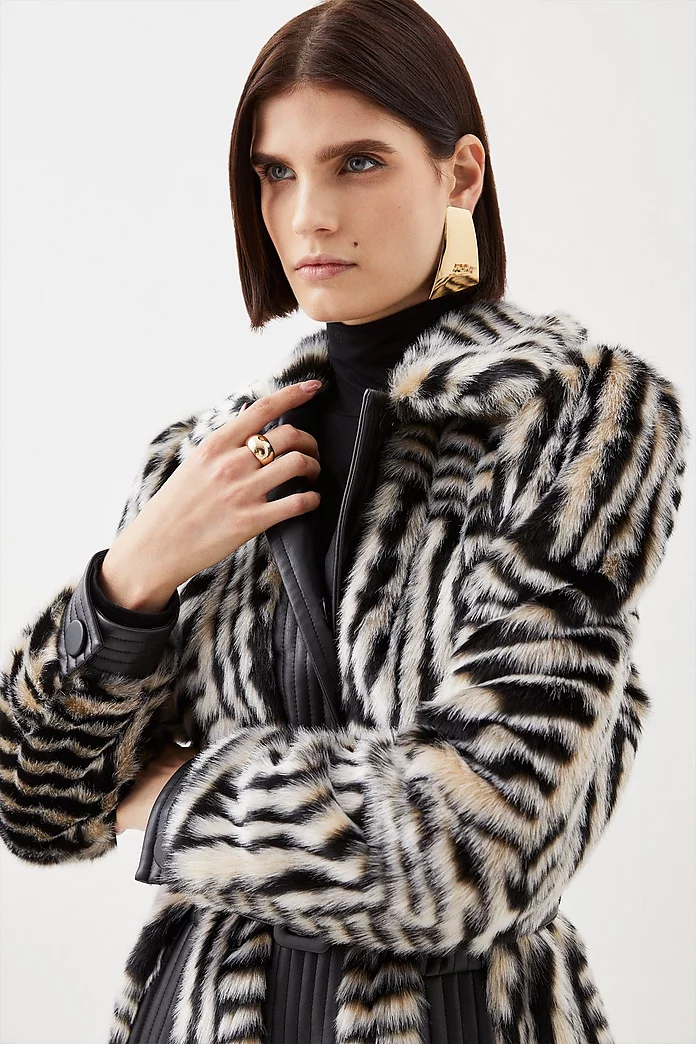 Faux Fur Pu Panelled Stripe Belted Coat | Karen Millen Faux Fur Pu Panelled Stripe Belted Coat | Karen Millen