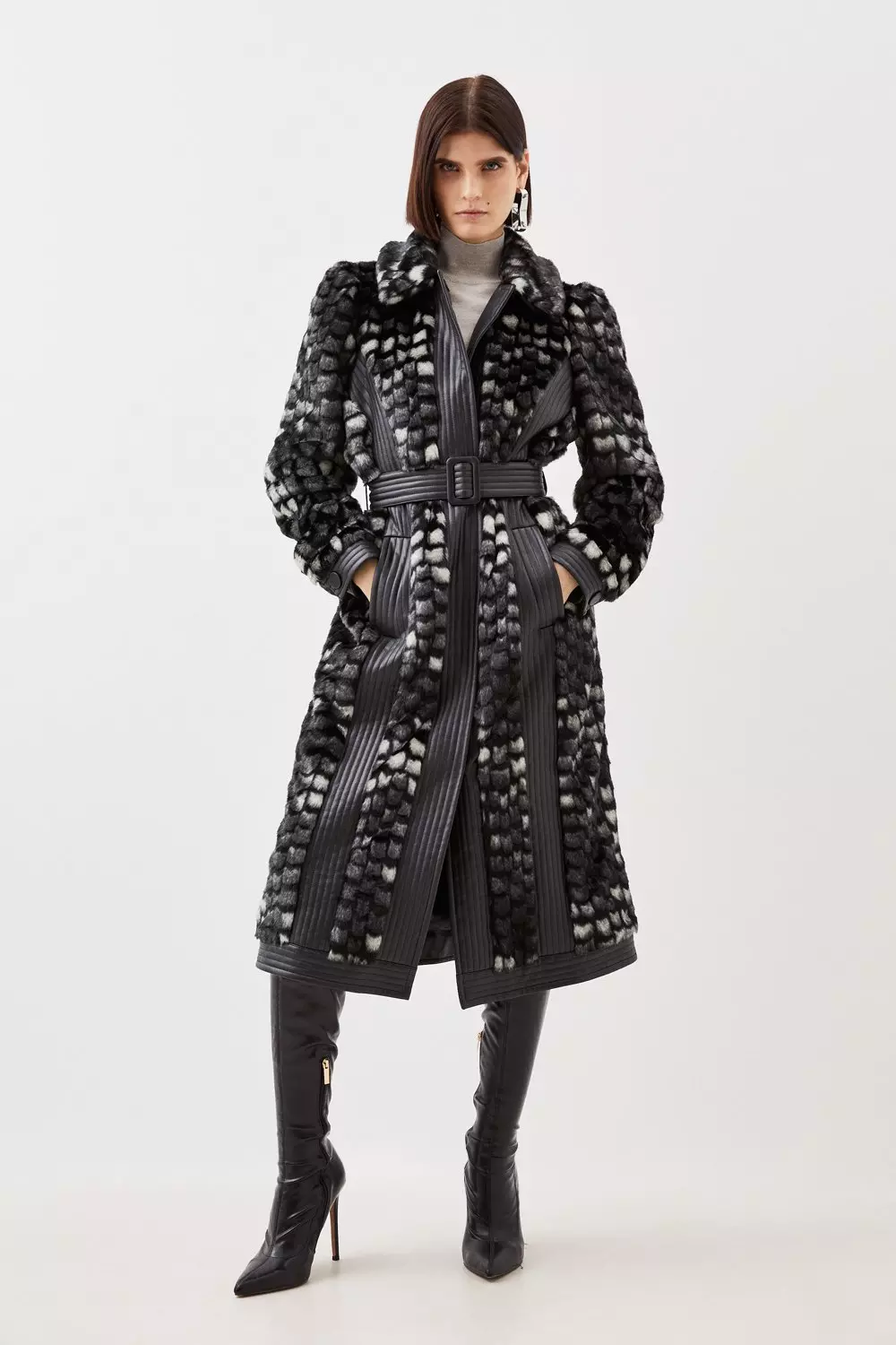 Faux Fur Pu Panelled Abstract Belted Coat Karen Millen