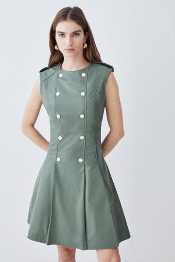 Tall Leather Military Button Flippy Mini Dress khaki