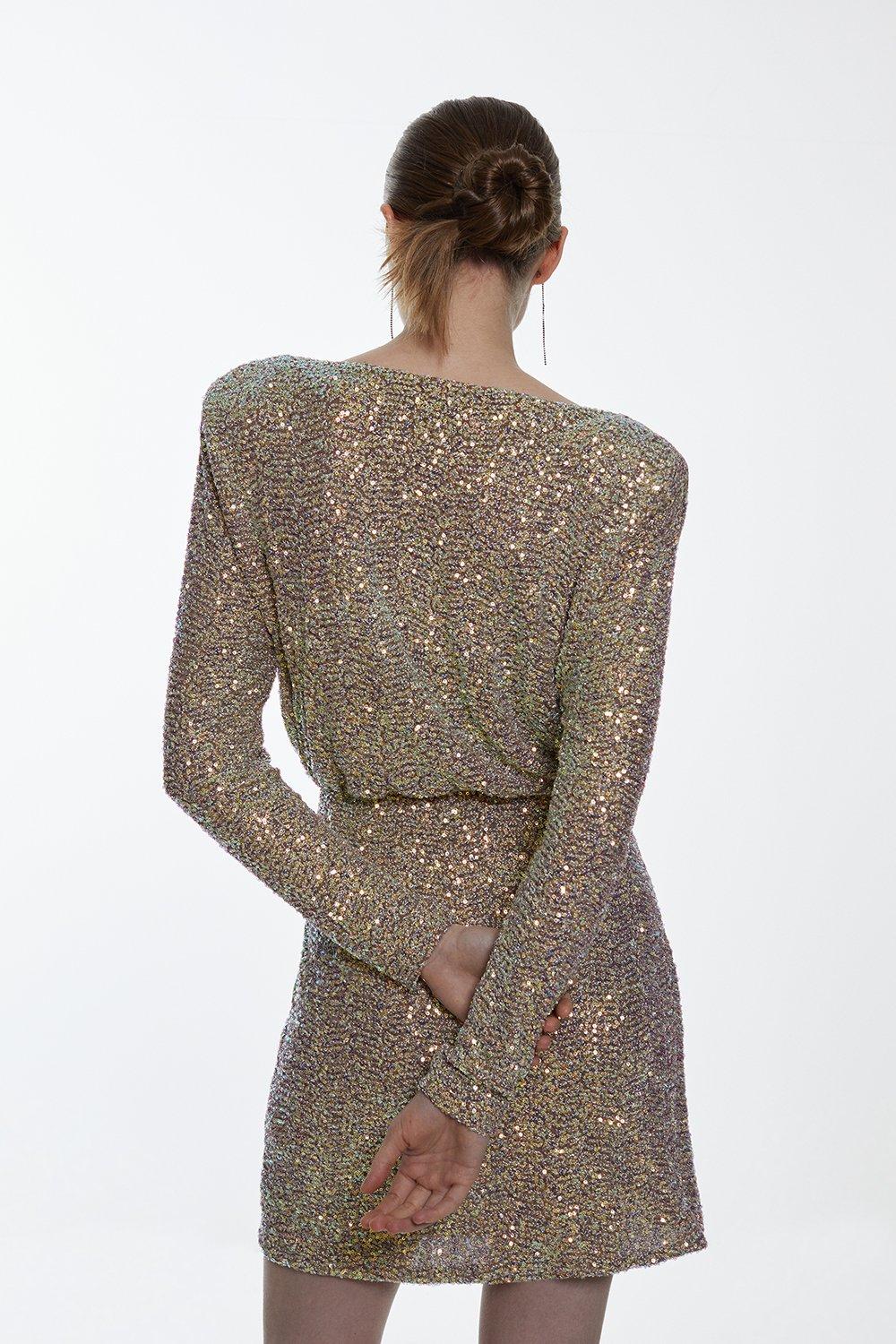 Sequin Cowl Neck Long Sleeve Mini Dress | Karen Millen