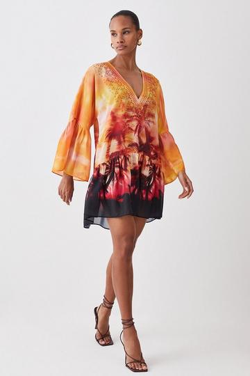 Sunset Embellished Kimono Sleeve Beach Mini Dress orange