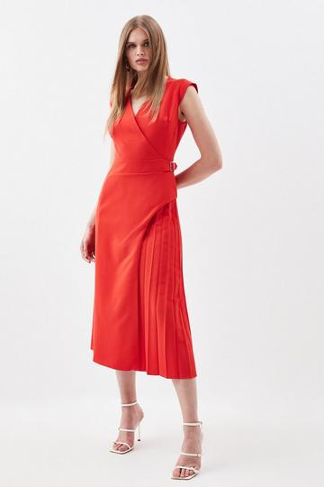 Red Tailored Military Pleat Midi Dress