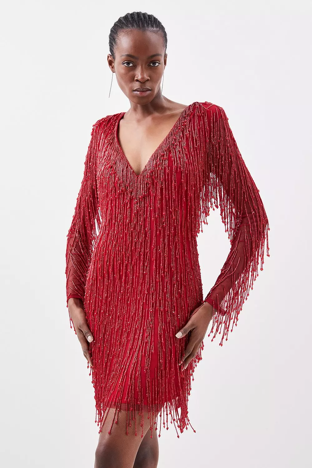 Red Beaded Fringed And Embellished Woven Mini Dress alternative image