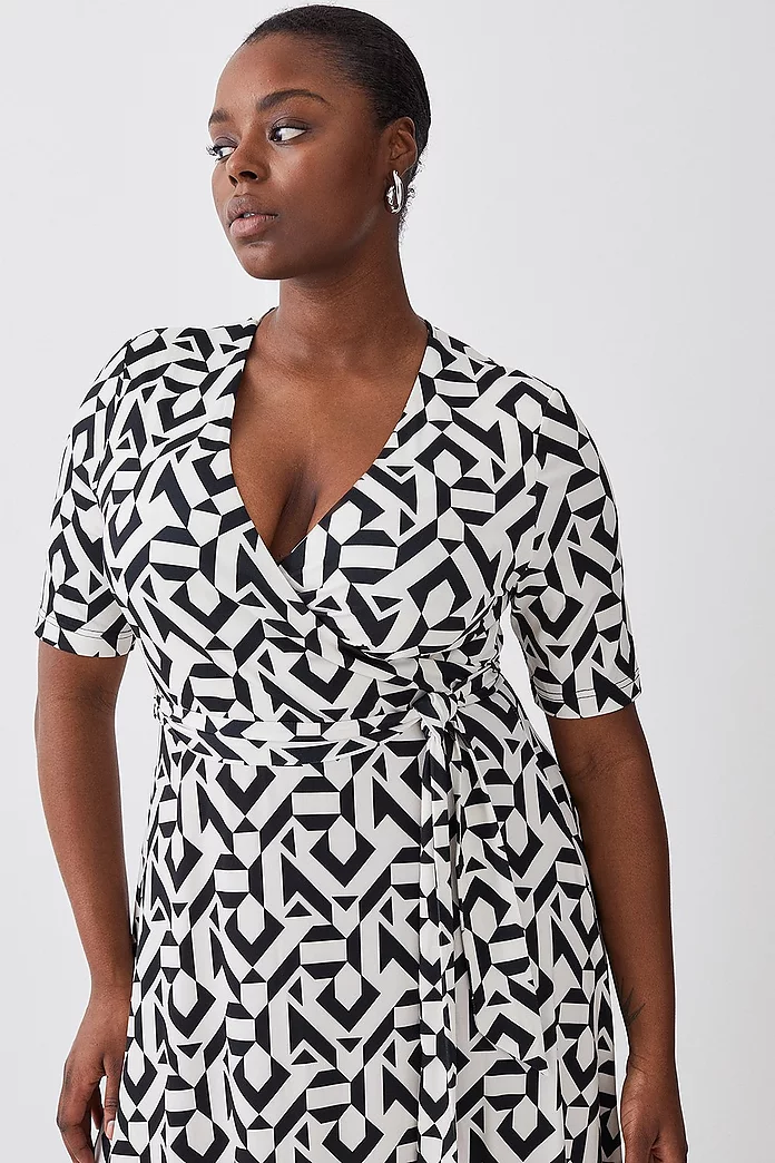 Plus Size Half Sleeve Geometric Printed Jersey Wrap Midi Plus Size Half Sleeve Geometric Printed Jersey Wrap Midi