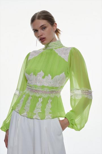 Mixed Lace & Embroidered Woven Blouse lime