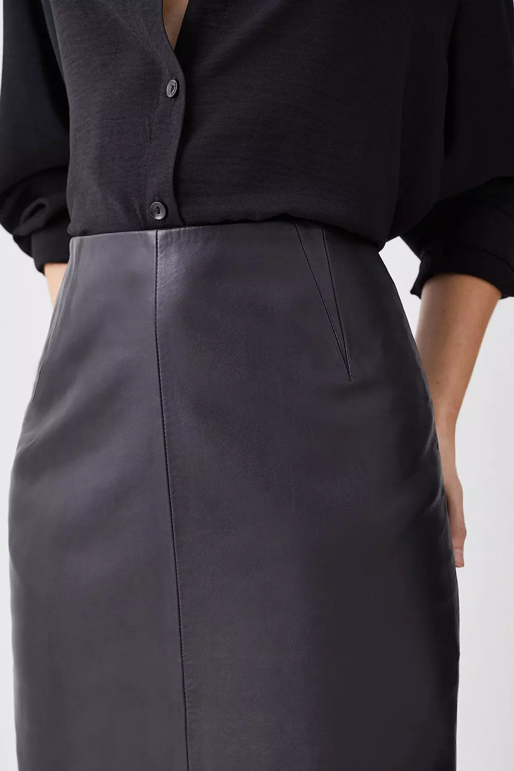 Leather Waist Dart Detail Midi Skirt | Karen Millen