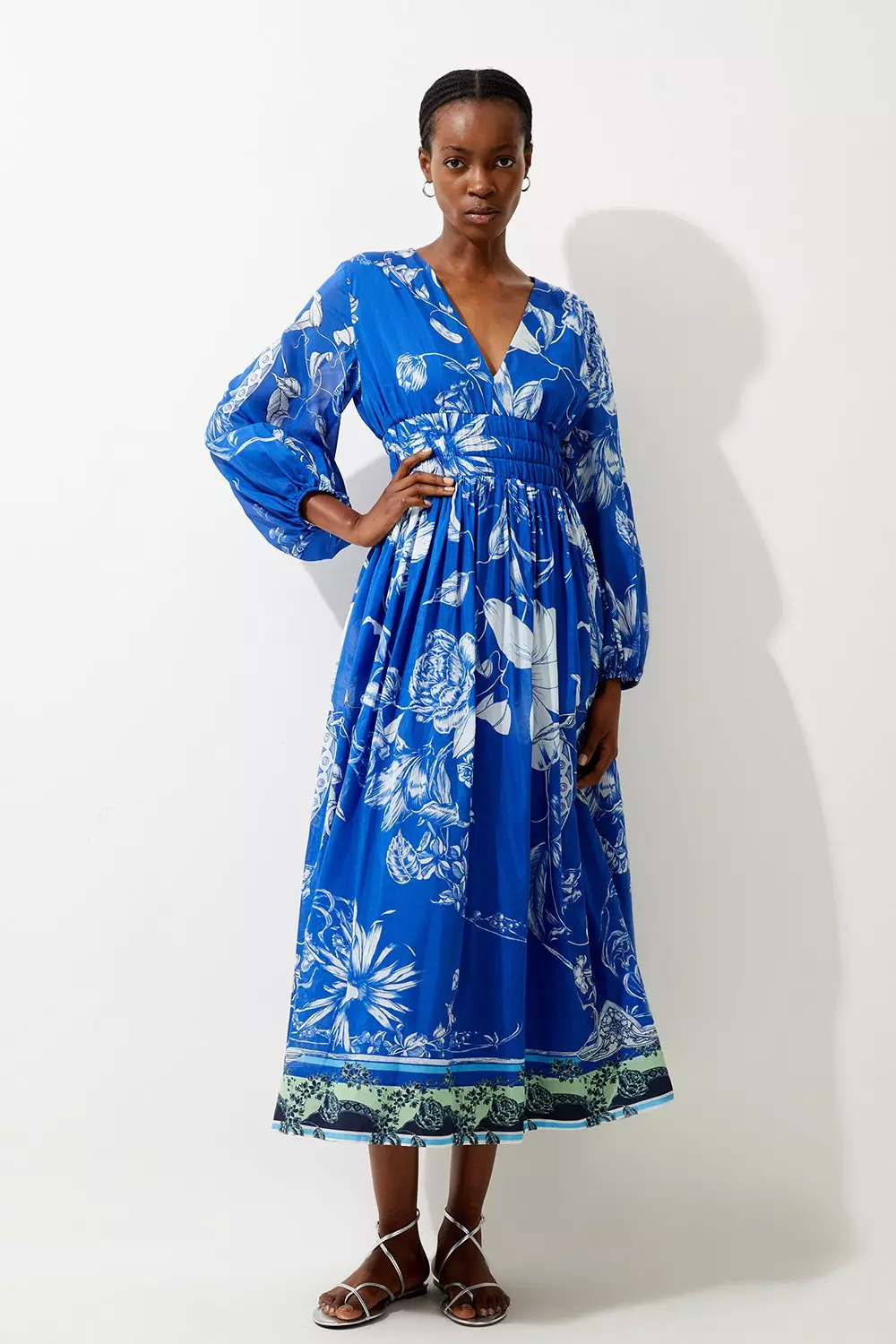 Placed Floral Balloon Sleeve Silk Cotton Maxi Dess Karen Millen