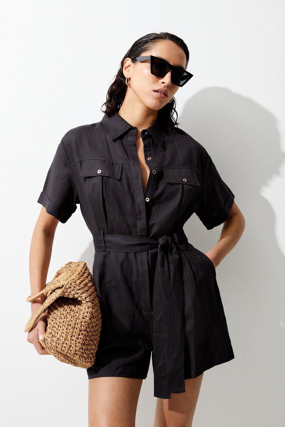 Linen Belted Romper | Karen Millen