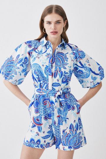 Petite Batik Floral Cotton Belted Playsuit blue