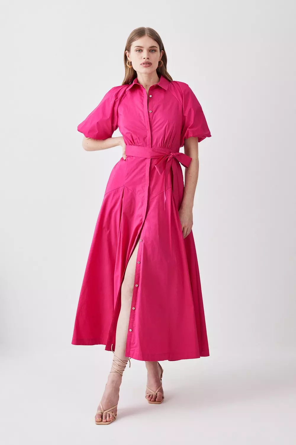 Cotton Poplin Puff Sleeve Woven Shirt Dress With Dropped Waist Detail Karen Millen