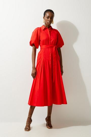 Red Cotton Poplin Puff Sleeve Woven Shirt Dress With Dropped Waist Detail
