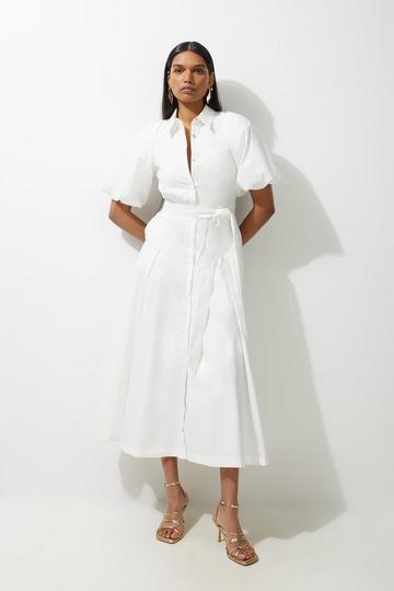 Cotton Poplin Puff Sleeve Woven Shirt Dress With Dropped Waist Detail white