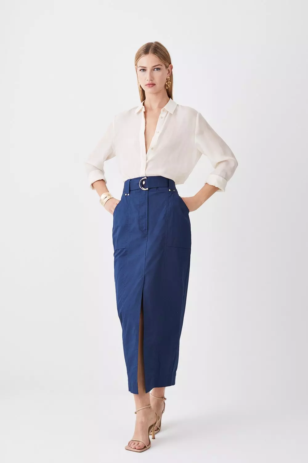 Cotton Sateen Utility Belted Column Maxi Skirt Karen Millen