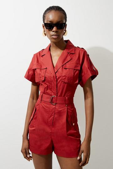 Cotton Sateen Utility Pocket Belted Playsuit rust