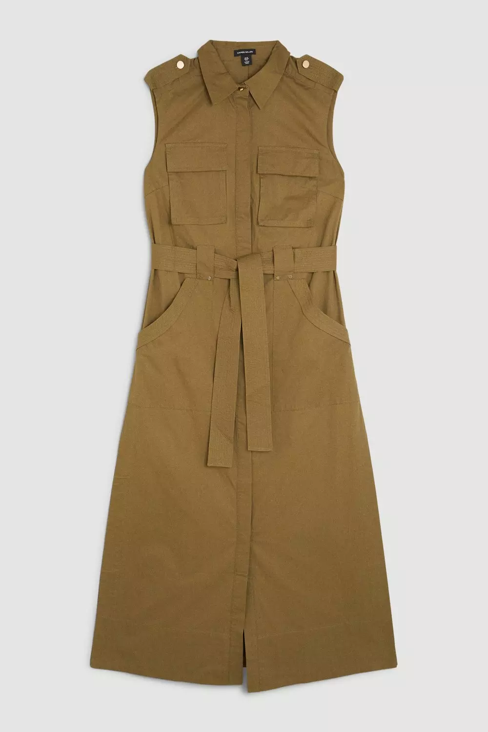Cotton Sateen Sleeevless Utility Pocket Belted Midi Dress