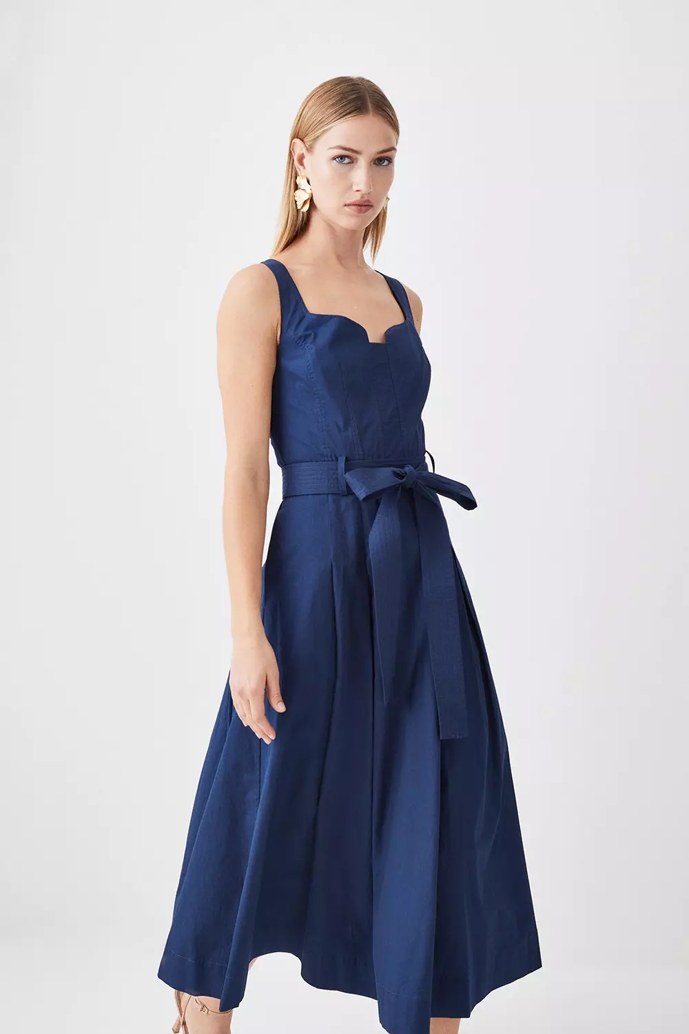 Cotton Sateen Strappy Belted Full Midi Dress Karen Millen