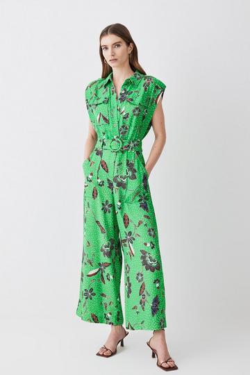 Green Petite Topstitch Floral Batik Premium Linen Viscose Jumpsuit