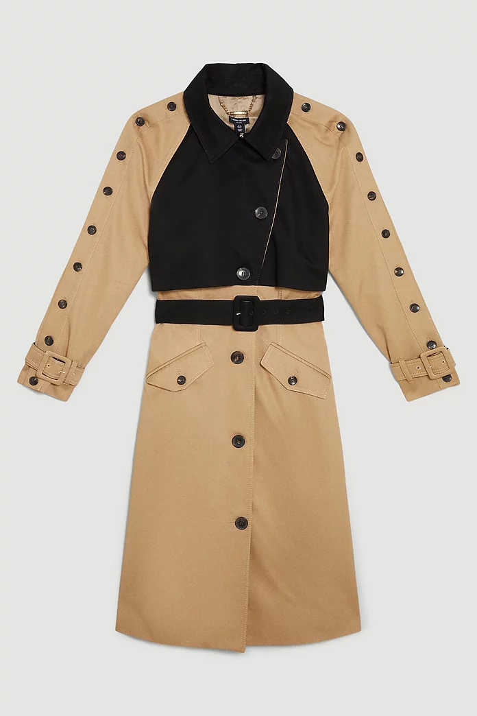Petite Button Detail Color Block Detail Trench Coat | Karen Petite Button Detail Color Block Detail Trench Coat | Karen
