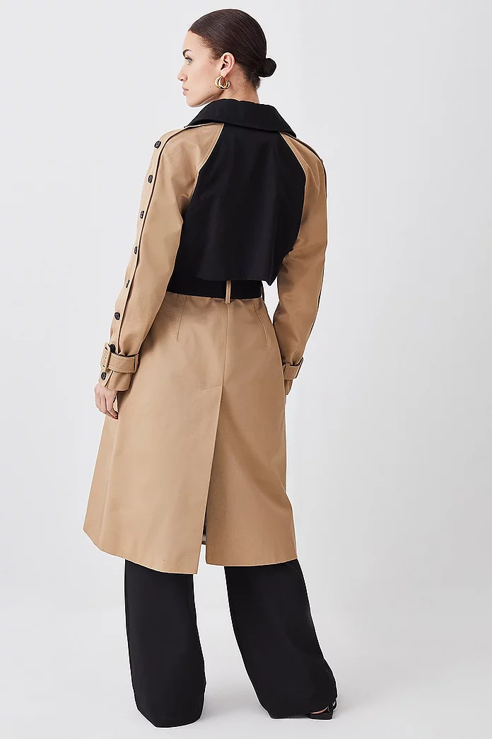 Petite Button Detail Color Block Detail Trench Coat | Karen Petite Button Detail Color Block Detail Trench Coat | Karen