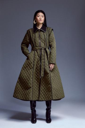 Khaki Tall Quilted Full Skirted Belted Midi Coat