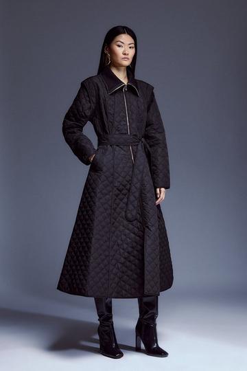 Petite Quilted Full Skirted Belted Midi Coat black