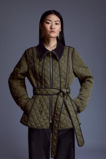 Quilted Peplum Belted Coat khaki