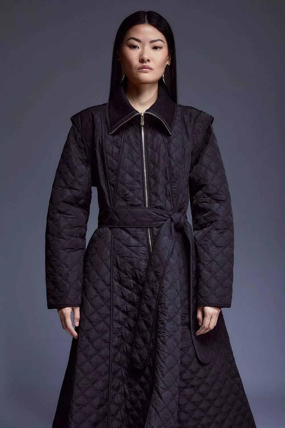 Black Quilted Full Skirted Belted Midi Coat alternative image