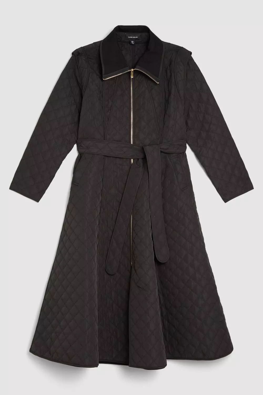 Black Quilted Full Skirted Belted Midi Coat alternative image